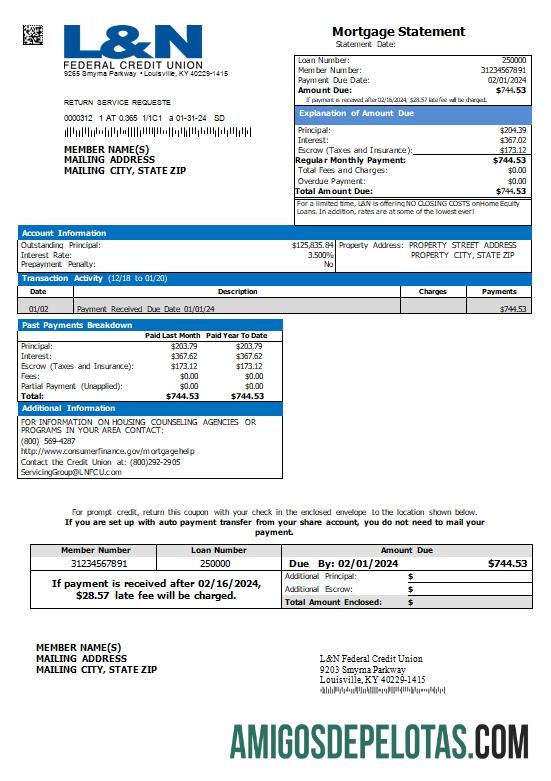 Declaração de hipoteca da cooperativa de crédito federal Kentucky L&N dos EUA exemplo